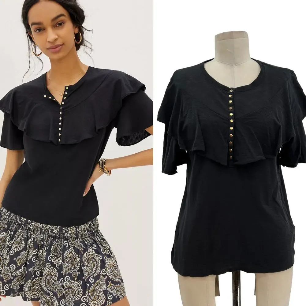 Anthropologie Nation LTD Ruffled Henley Top Blouse Tee‎ Cotton Black Size Small
